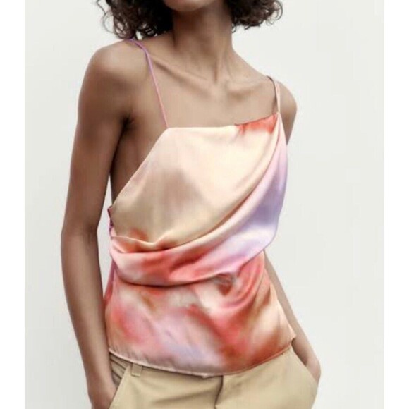 NWT Zara Asymmetric Purple Pink Ombre Print Top Spaghetti Straps Women’s Medium - Picture 2 of 13